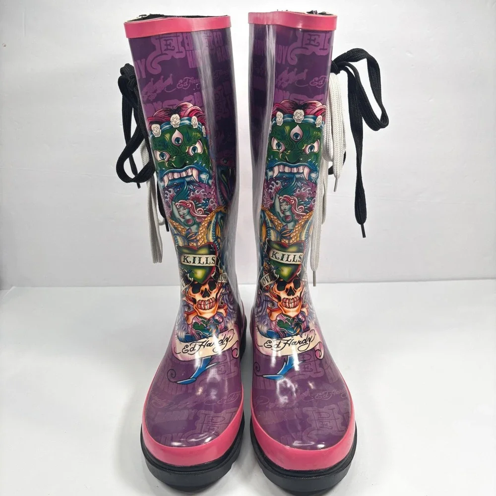 VTG Y2K Ed Hardy Women 6 Rain Boots Purple Pink Tattoo Print Love Kills slowly